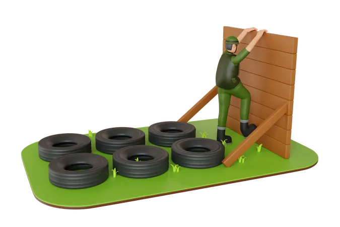 Ilustracao 3 D Do Treinamento Do Exercito Treinamento Militar No Acampamento Soldado Subindo Um Obstaculo 3D Illustration