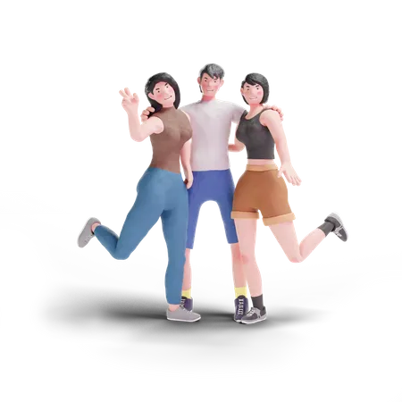 Tres amigos felices de pie con el brazo alrededor  3D Illustration