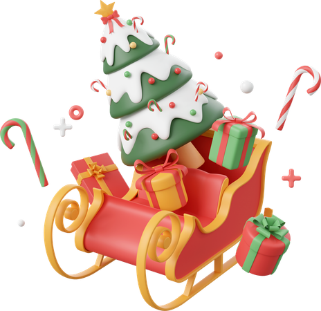 Trineo con árbol de navidad y adornos  3D Icon