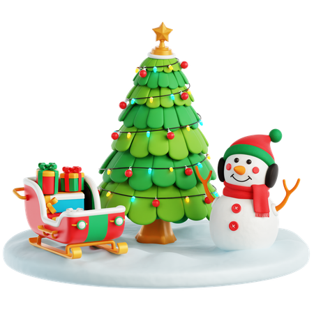 Trineo, muñeco de nieve y árbol de Navidad.  3D Icon