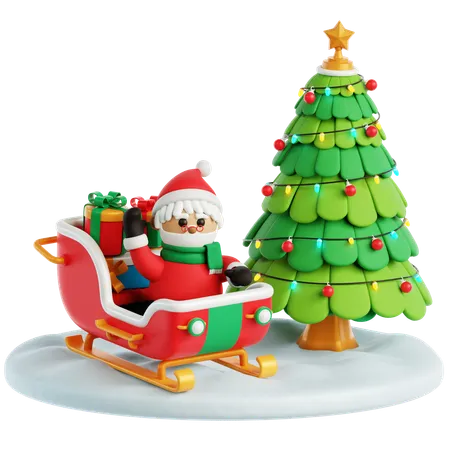 Trineo, Papá Noel y árbol de Navidad.  3D Icon