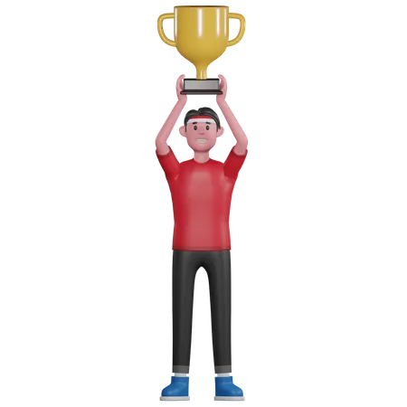 Homem levantando troféu  3D Illustration