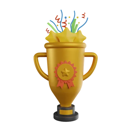 Trophée de champion avec des confettis  3D Illustration