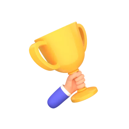 Cartoon Trophy Cup In Hand Icon 3 D Render Of Award Ceremony Concept With Hand Hold Winner Cartoon Style 3D Illustration