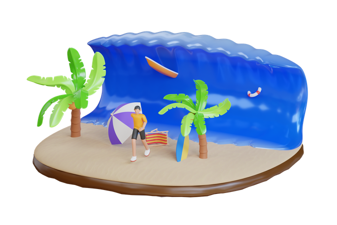 Tsunami wave at tropical beach  3D Illustration