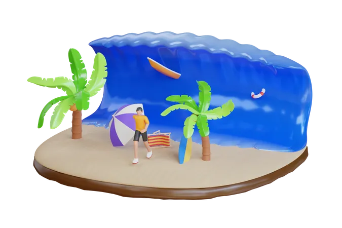 Tsunami wave at tropical beach  3D Illustration