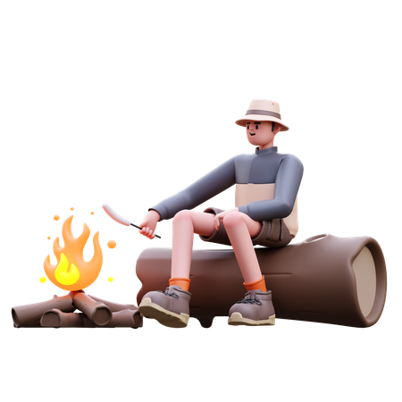 Hombre turista quemando malvaviscos  3D Illustration