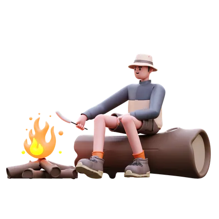 Homem turista queimando marshmallows  3D Illustration