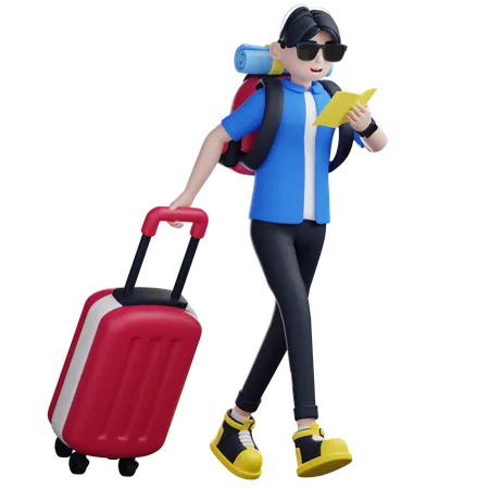 Turista masculino navegando por el camino para el viaje  3D Illustration