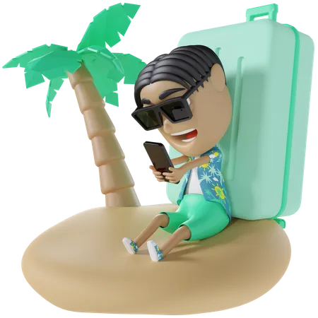 Turista usando celular na praia  3D Illustration