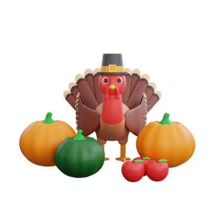 Turkey Bird Standing With Pumpkins  3D Icon