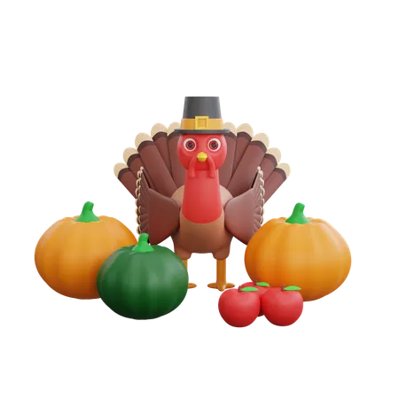 Turkey Bird Standing With Pumpkins  3D Icon