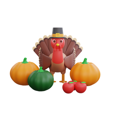 Turkey Bird Standing With Pumpkins  3D Icon