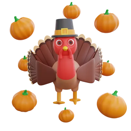 Turkey Bird With Pumpkins  3D Icon
