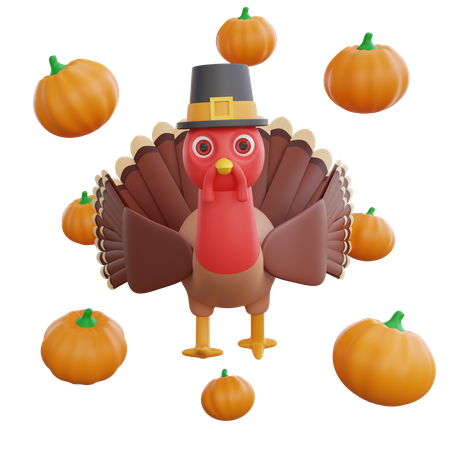 Turkey Bird With Pumpkins  3D Icon