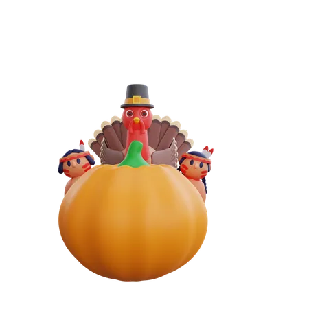 Turkey Birds On Pumpkin  3D Icon
