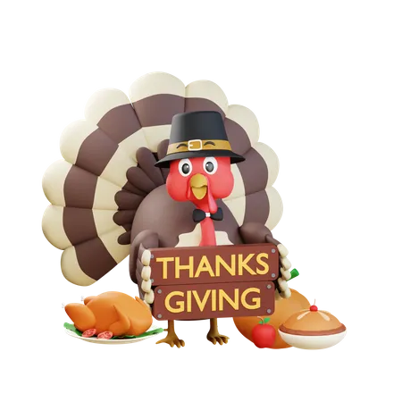 Turkey Holding Thanks Giving Banner  3D Icon