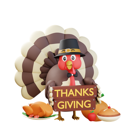 Turkey Holding Thanks Giving Banner 3D Icon