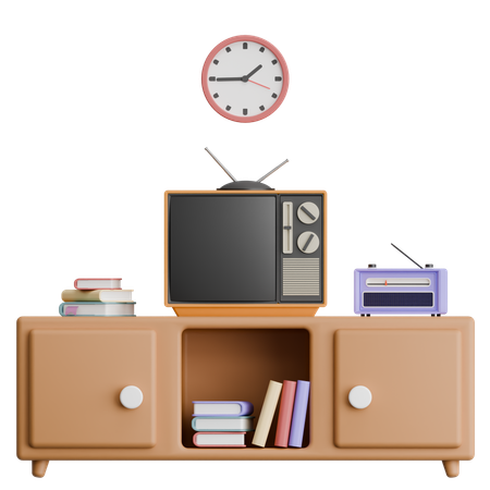 Tv Shelf With Radio And Books Interior  3D Icon