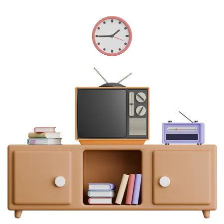 Tv Shelf With Radio And Books Interior  3D Icon