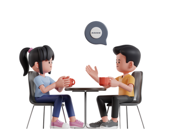 Two Cartoon Characters Sitting Relaxed Having Interesting Conversation While Drinking Coffee  3D Icon