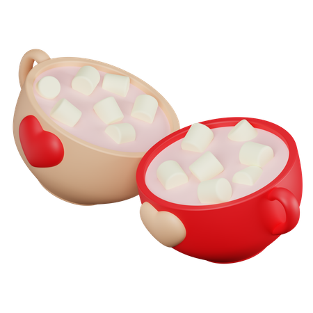 Two cups with heart and marshmallow  3D Icon