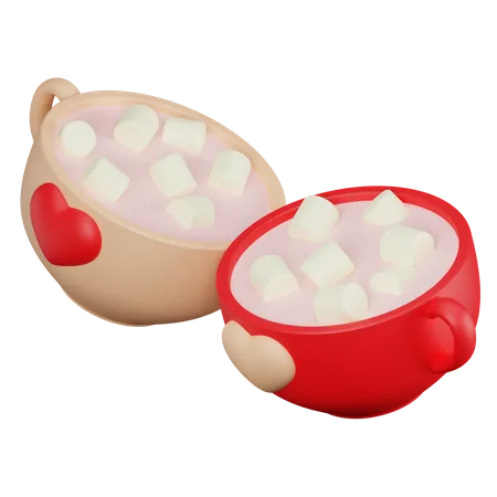 Two cups with heart and marshmallow  3D Icon