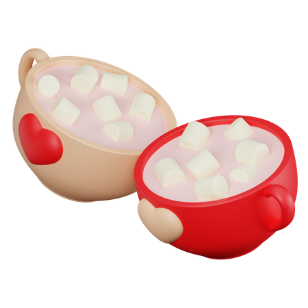 Two cups with heart and marshmallow 3D Illustration