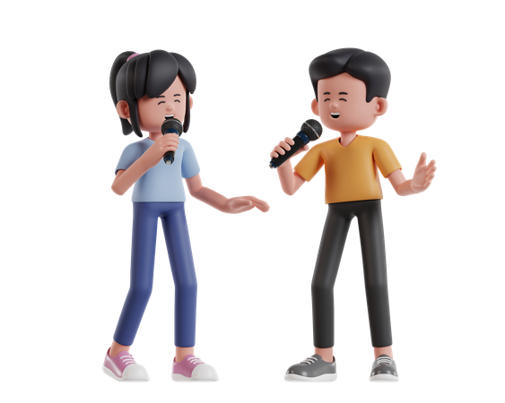 Two Cute Cartoon Characters Singing Together  3D Illustration