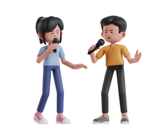 Two Cute Cartoon Characters Singing Together  3D Illustration