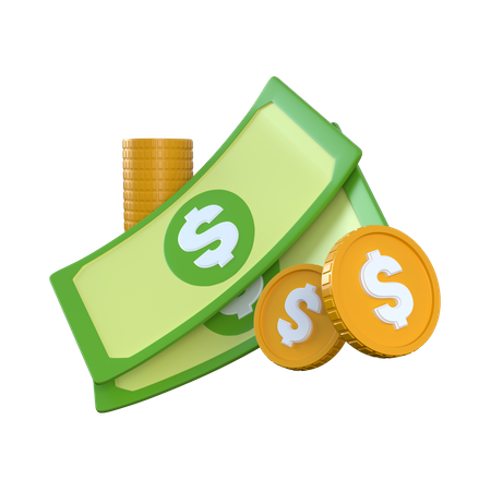 Two Dollar Bills and Coins  3D Icon