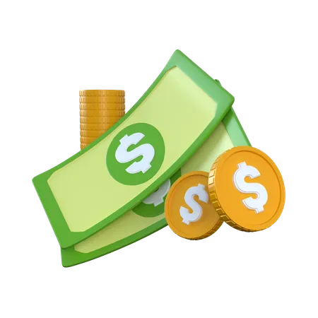 Two Dollar Bills and Coins  3D Icon