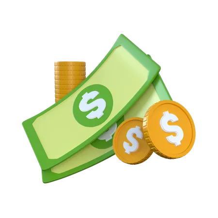 Two Dollar Bills and Coins 3D Icon