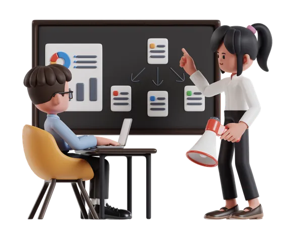 Two Female And Male Entrepreneurs Discussing Marketing Strategy  3D Illustration