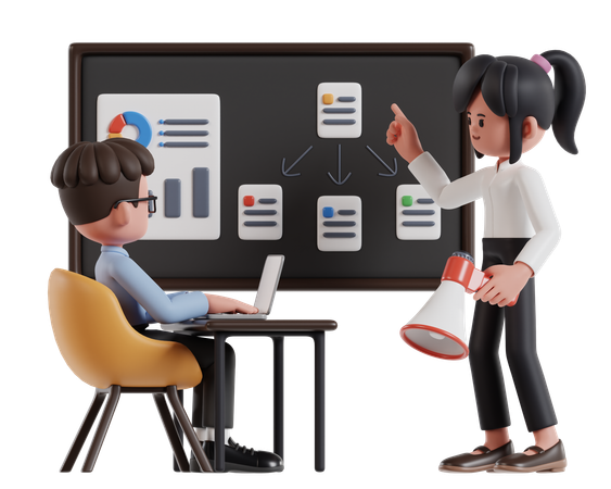 Two Female And Male Entrepreneurs Discussing Marketing Strategy  3D Icon