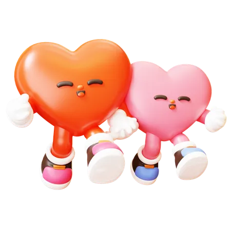3 D Cute Cartoon Red Man And Pink Woman Heart Character Joy Walking Happy Valentines Day Love Couple Concept Romantic Mascot 3D Illustration