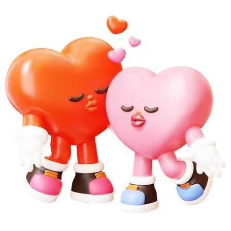 3 D Cute Cartoon Red Man And Pink Woman Heart Character Kissing Happy Valentines Day Love Couple Concept Romantic Mascot 3D Illustration