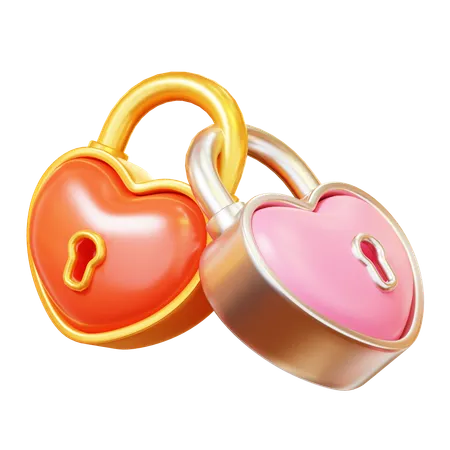 Cute Cartoon 3 D Red Gold And Silver Pink Two Love Padlock Happy Valentines Day Anniversary Wedding Love Concept 3D Icon