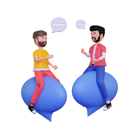 Two male having a conversation while sitting on a chat bubble  3D Illustration