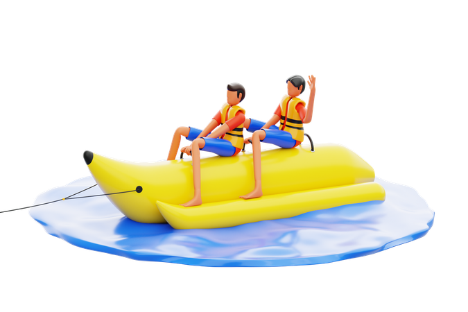 Two People Riding Banana Boat  3D Illustration