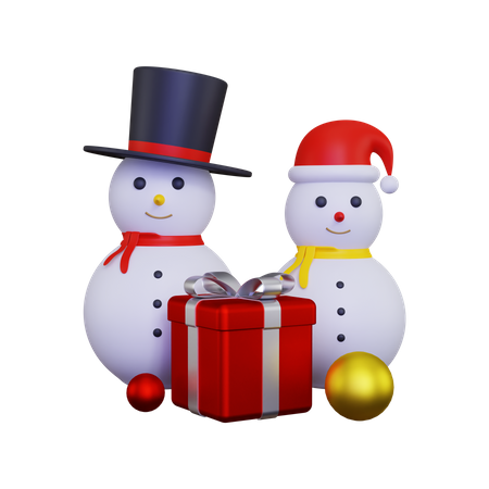 Two snowman with gift box  3D Illustration