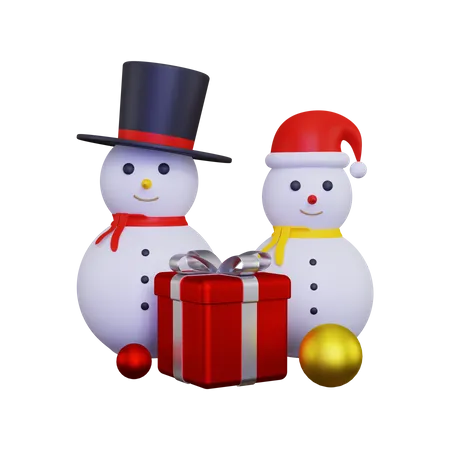 Two snowman with gift box 3D Illustration