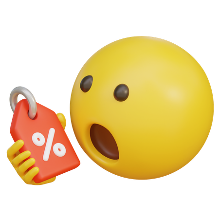 Überraschter Emoji mit einem Rabatt-Etikett  3D Icon