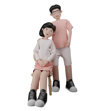 Um casal tirando uma foto juntos, a mulher está sentada e o homem está de pé  3D Illustration