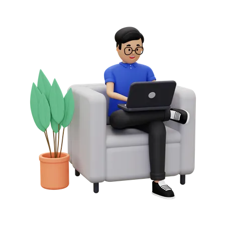 Um homem está trabalhando em casa usando um laptop  3D Illustration