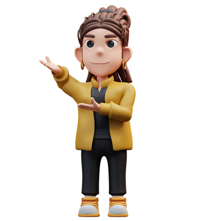 Uma garota estilista em pé com um gesto de apontar para o lado  3D Illustration