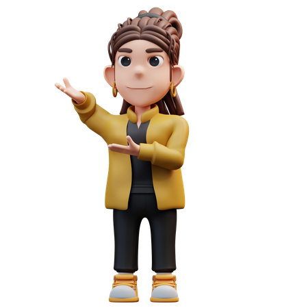 Uma garota estilista em pé com um gesto de apontar para o lado  3D Icon