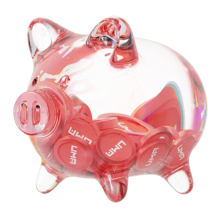 Uma – Sparschwein aus klarem Glas mit abnehmendem Stapel an Kryptomünzen  3D Icon