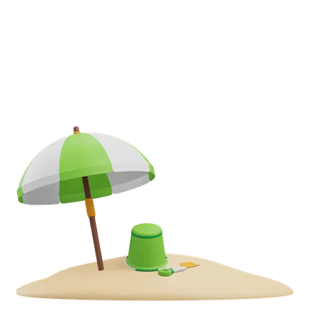 Beach Umbrella Bucket And Shovel On Sand 3 D Illustration With Transparent Background 3D Icon