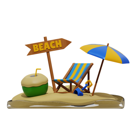 Umbrella Beach Chair And Coconut Drink  3D Icon